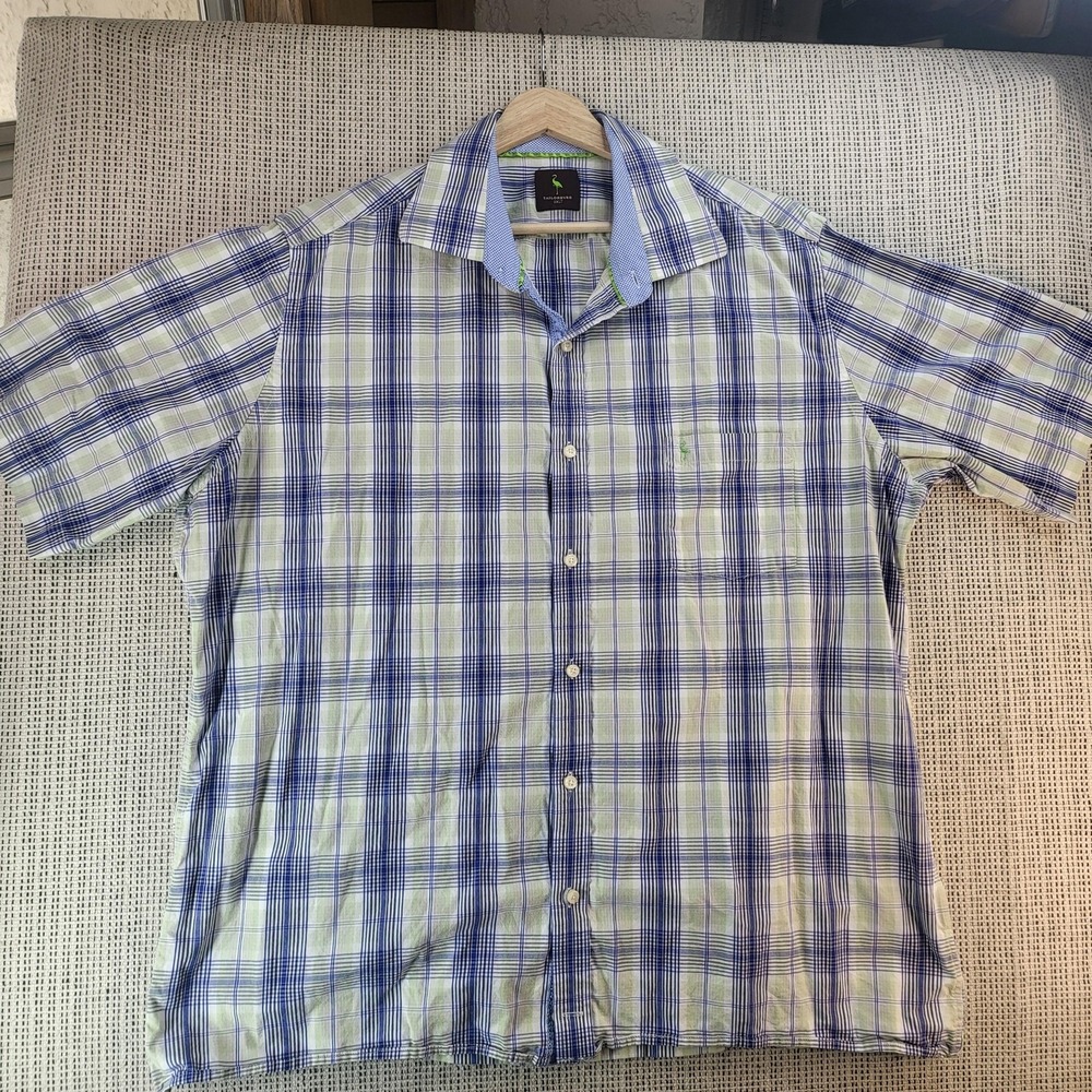 TailorByrd Shirt Mens 2XLT Blue Green Plaid‎ Short Sleeve Button Front Casual